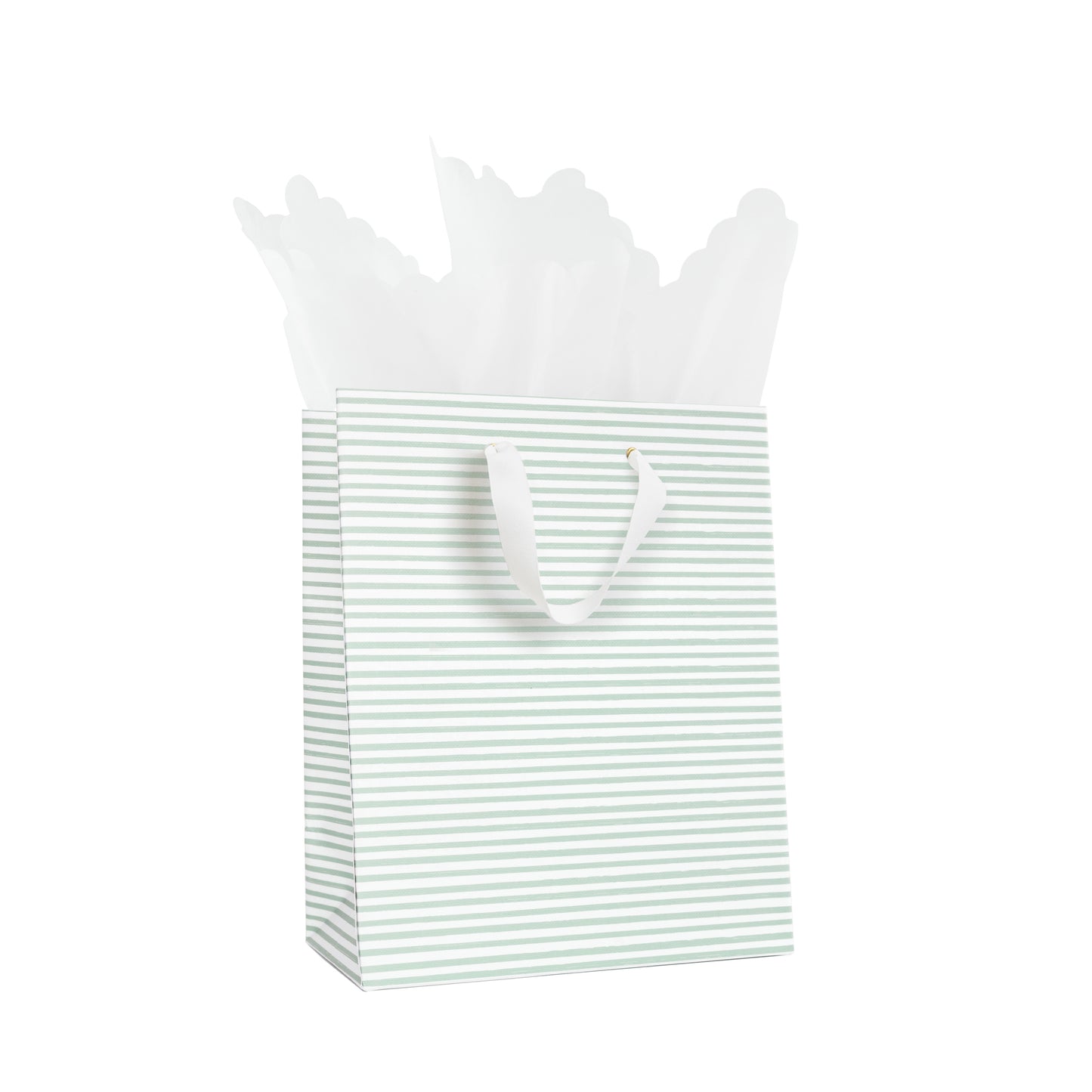 Mint Green and White Painted Stripe Gift Bag with white scallop tissue paper