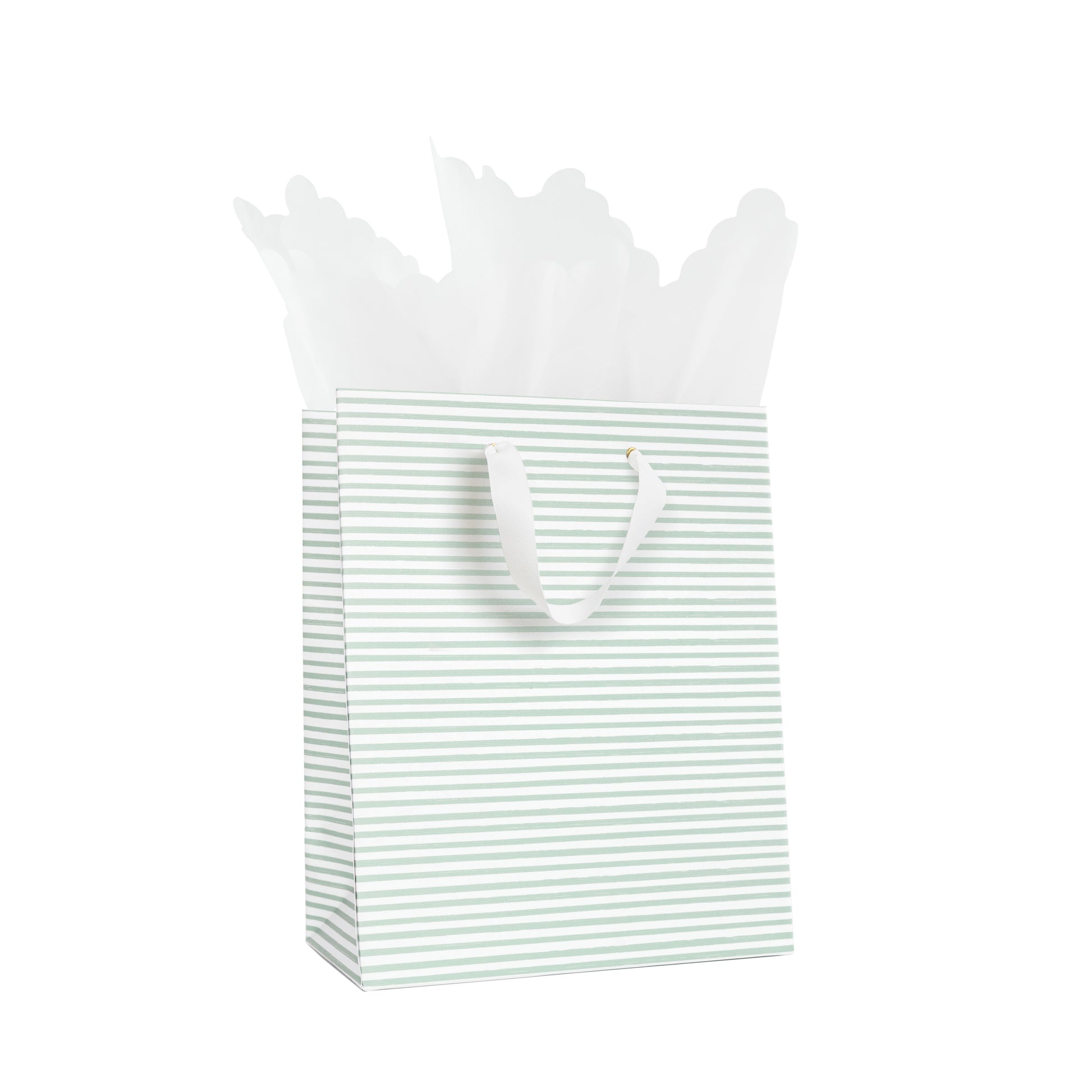 Mint Green and White Painted Stripe Gift Bag with white scallop tissue paper
