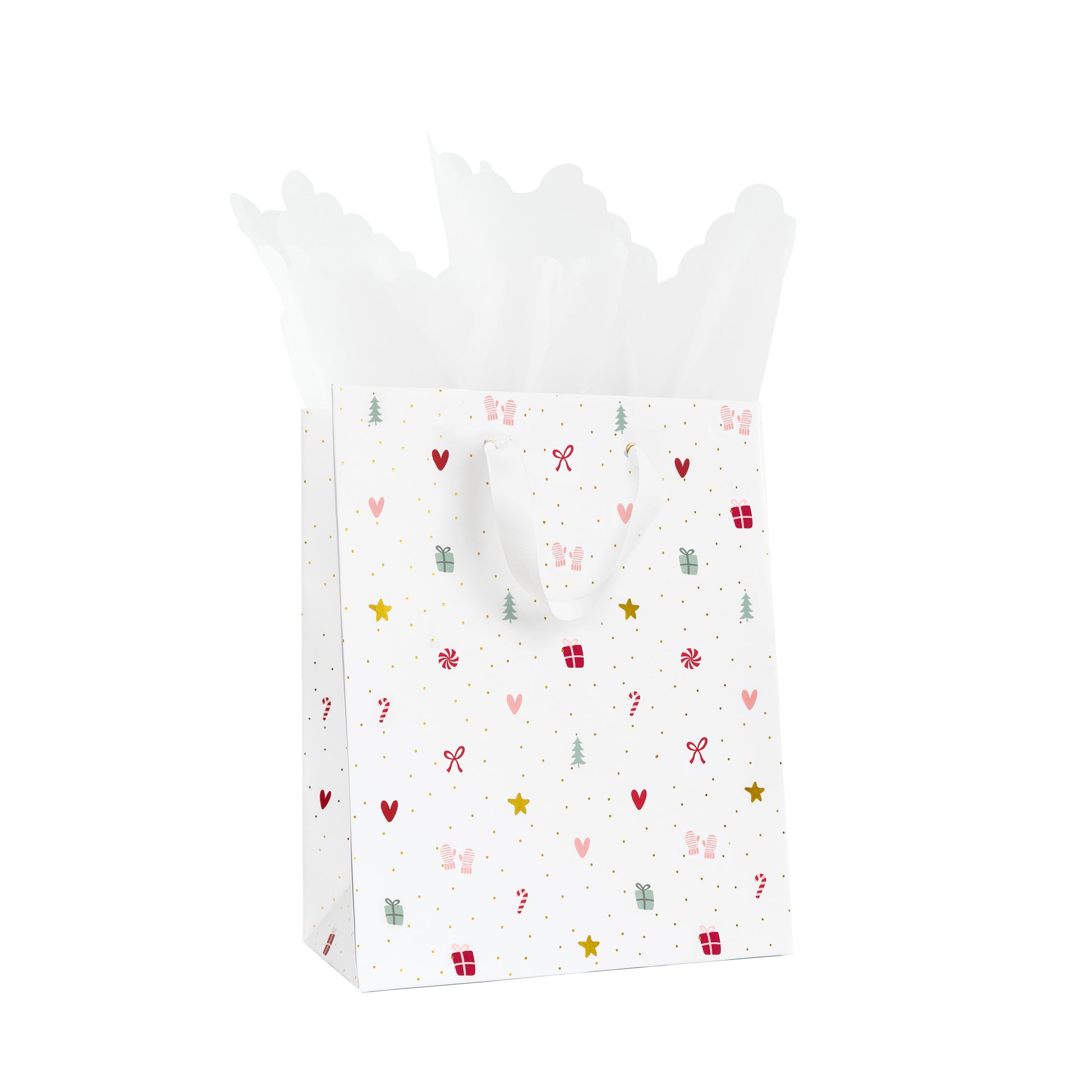 Multicolor Holiday Icon Gift Bag with White Ribbon Handles with white scallop tissue paper