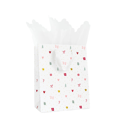 Multicolor Holiday Icon Gift Bag with White Ribbon Handles with white scallop tissue paper