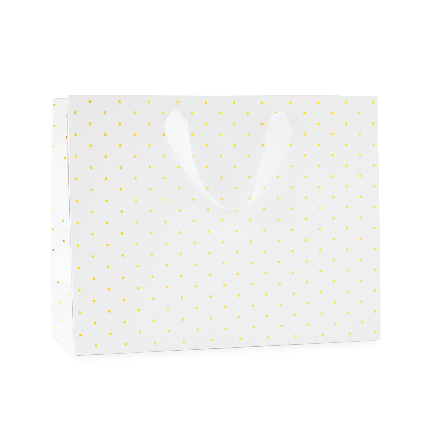 large white gift bag with white ribbon handles with gold foil dot pattern