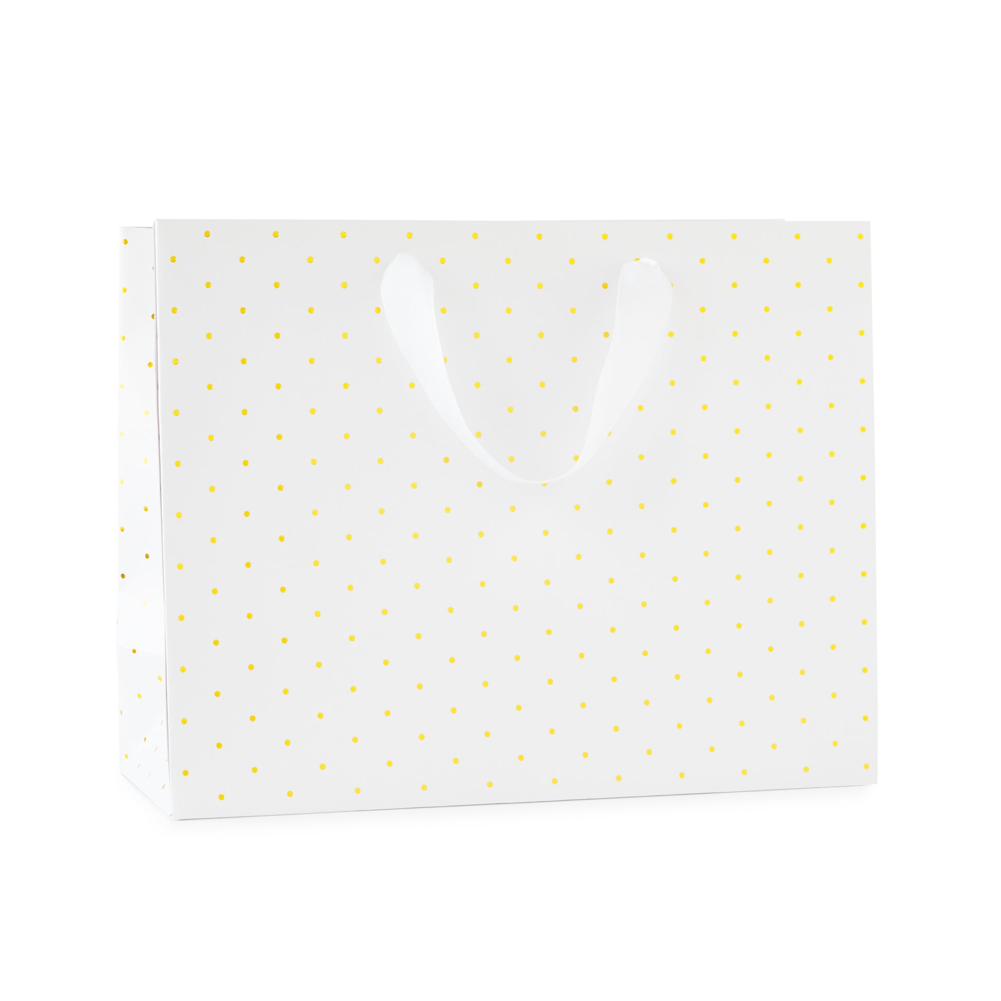 large white gift bag with white ribbon handles with gold foil dot pattern