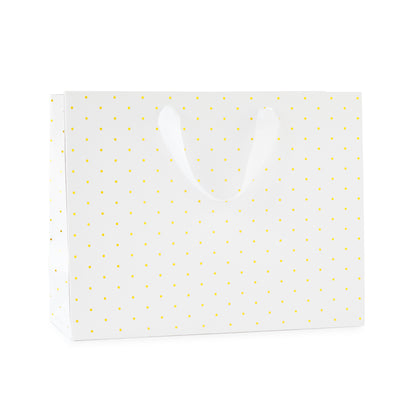 large white gift bag with white ribbon handles with gold foil dot pattern