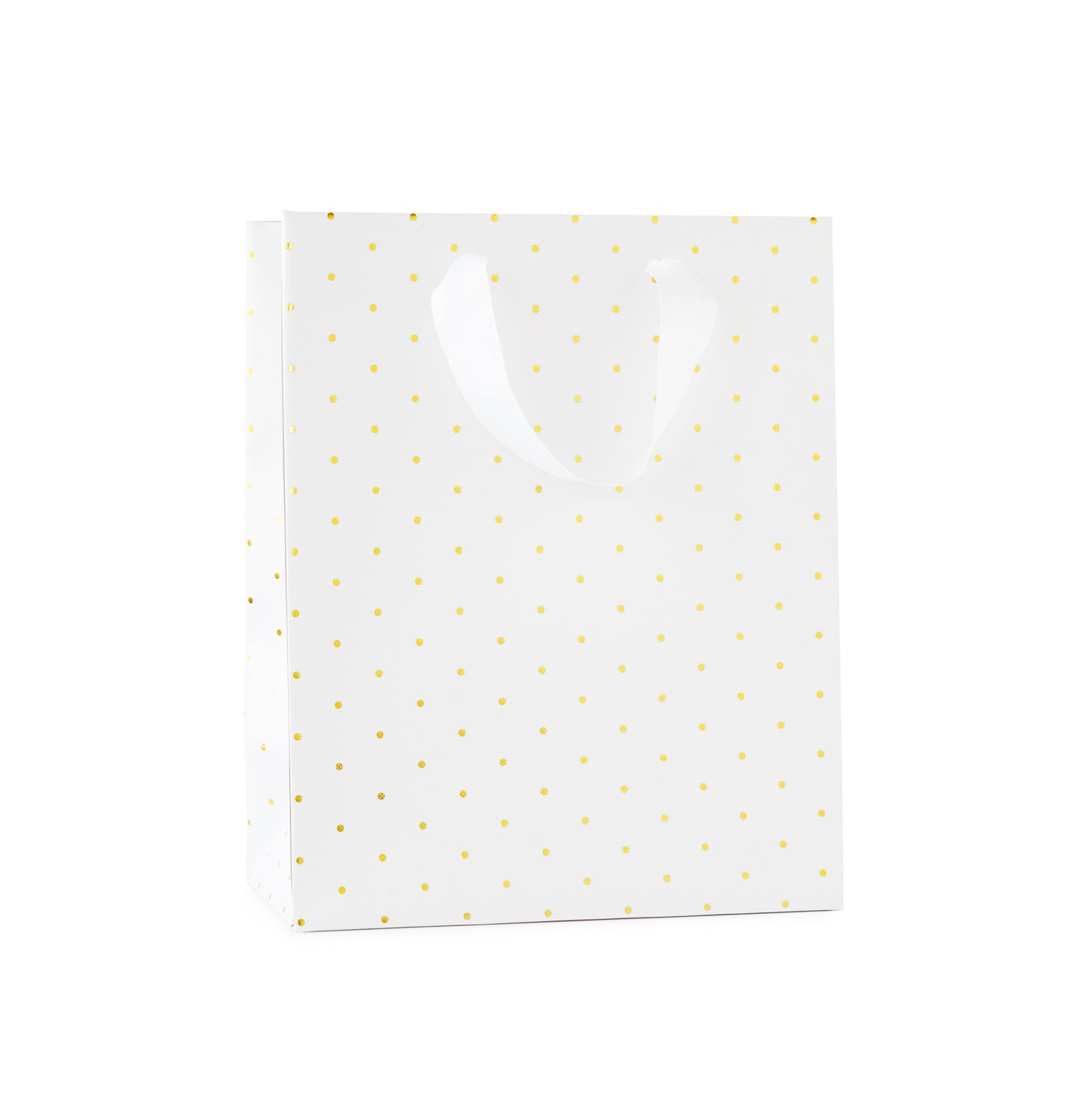 small white gift bag with white ribbon handles with gold foil dot pattern
