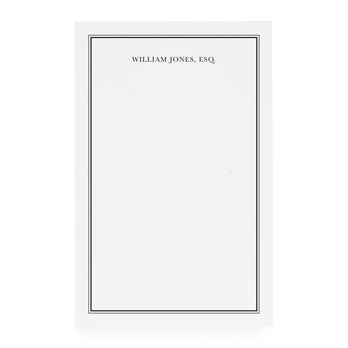 White custom notepad with black border and 'william jones, esq' printed