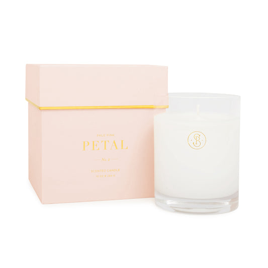 pale pink petal candle box with glass filled candle with Sugar Paper SP logo