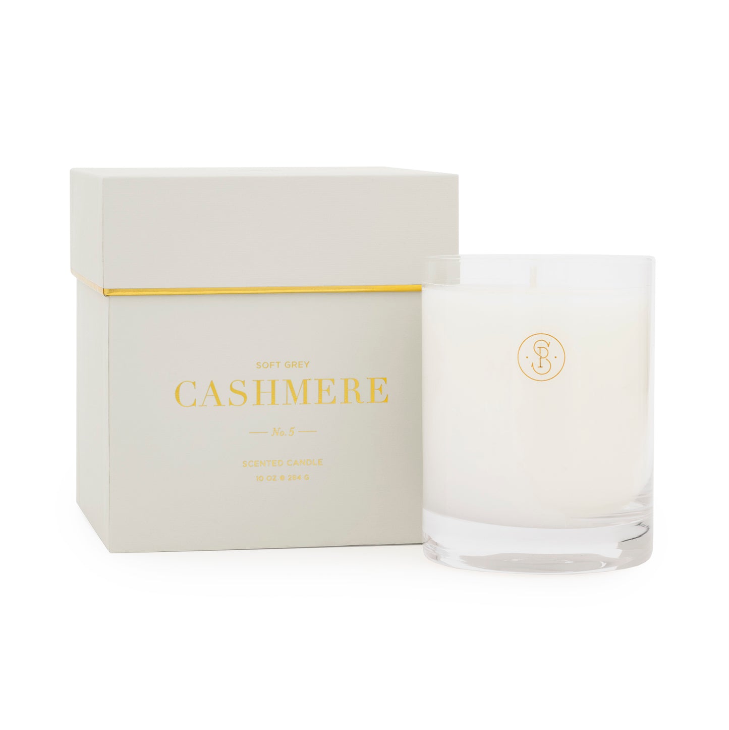 grey candle box printed with soft grey cashmere with a white soy candle in a glass jar with sugar paper logo on it