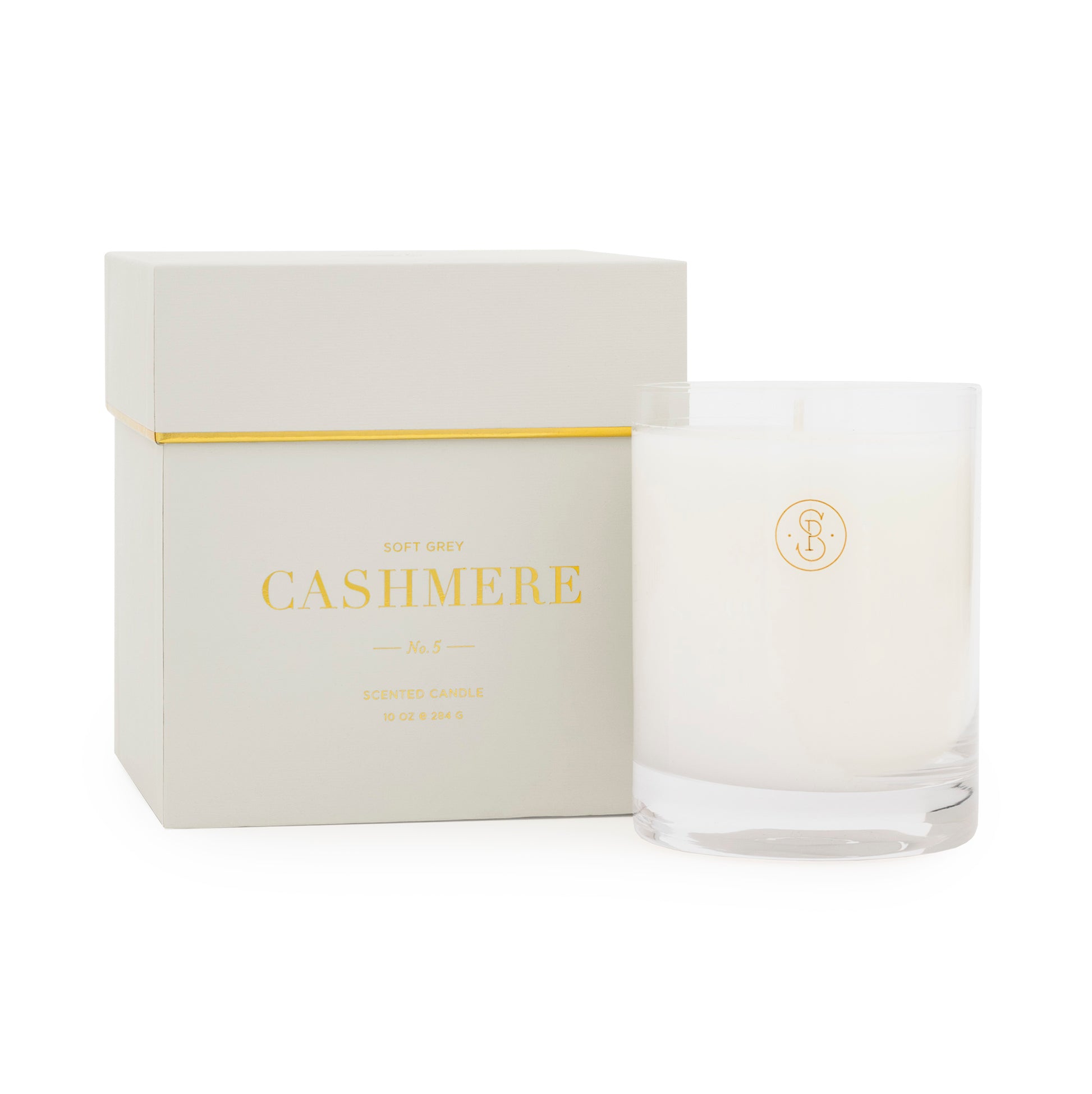 grey candle box printed with soft grey cashmere with a white soy candle in a glass jar with sugar paper logo on it