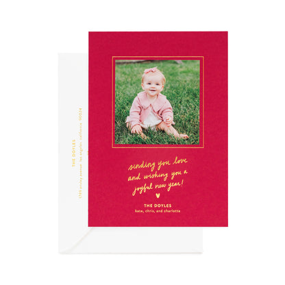 red custom holiday card with photo and gold foil details