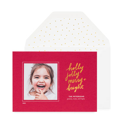 red custom holiday card with gold and white foil details and gold dot liner
