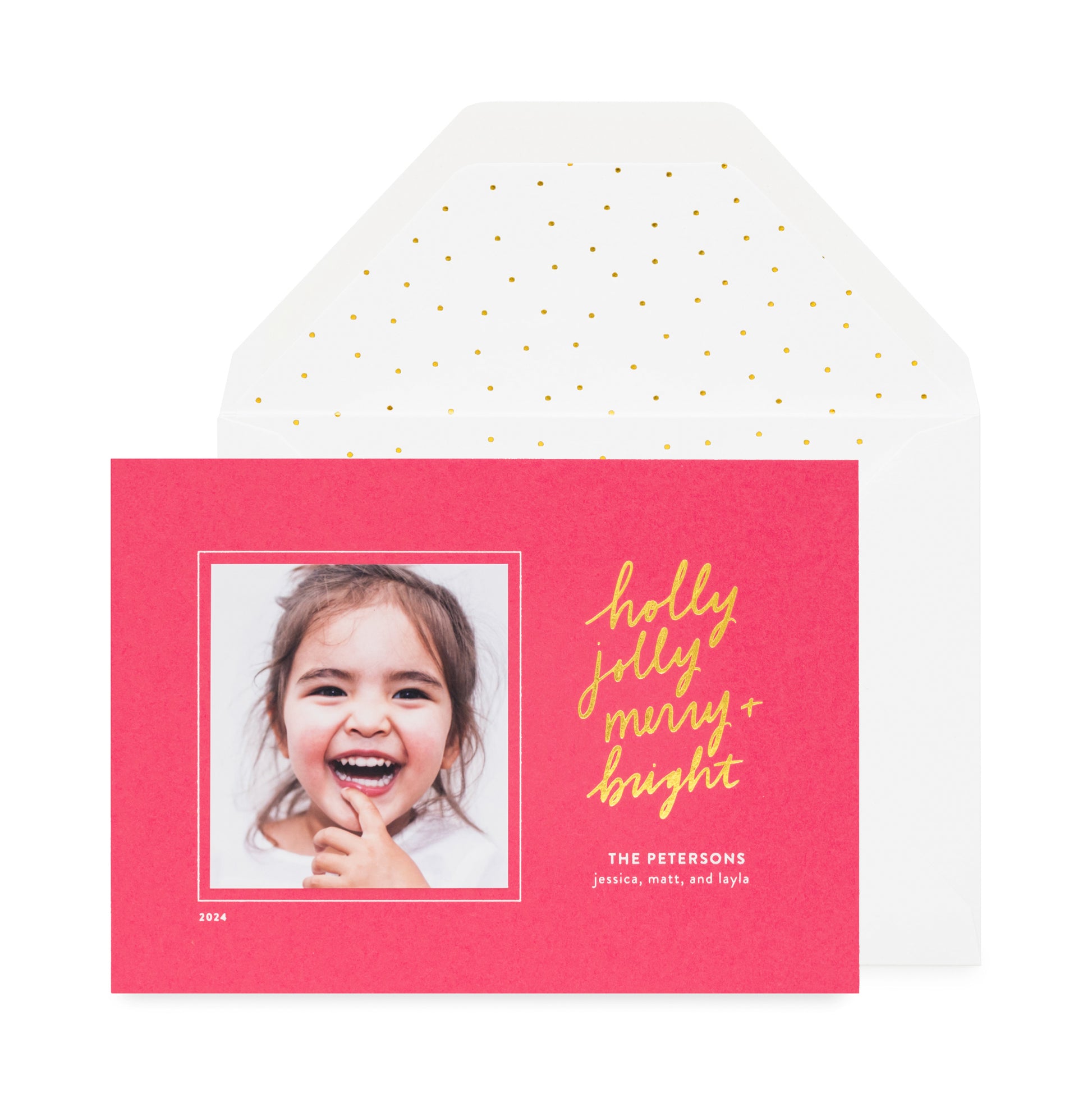 hot pink custom holiday card with gold and white foil details and dot liner