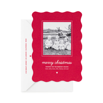 red custom holiday card with white foil details and scallop edge