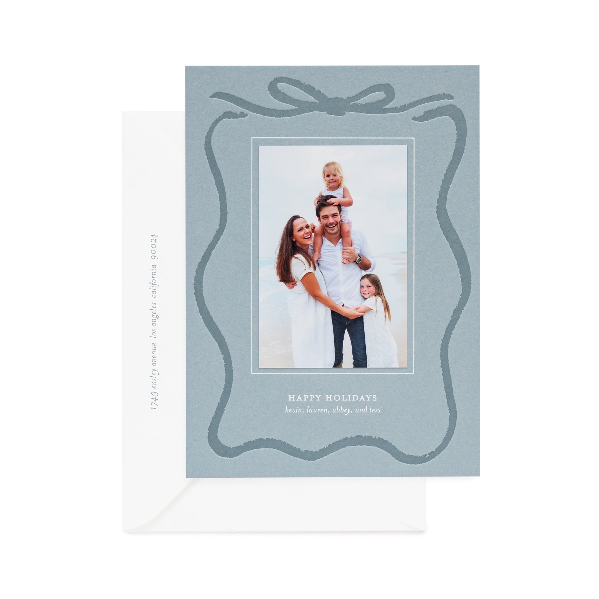 slate custom holiday card with letterpress ribbon detail and photo