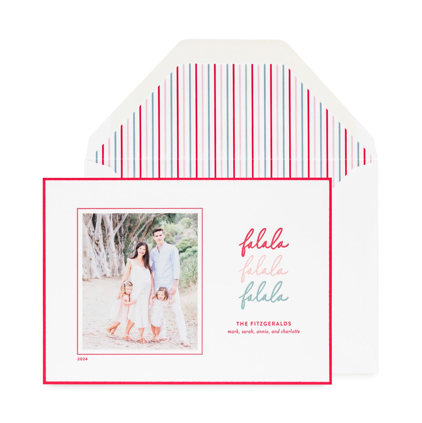falala custom holiday card with pink red and green text and striped liner