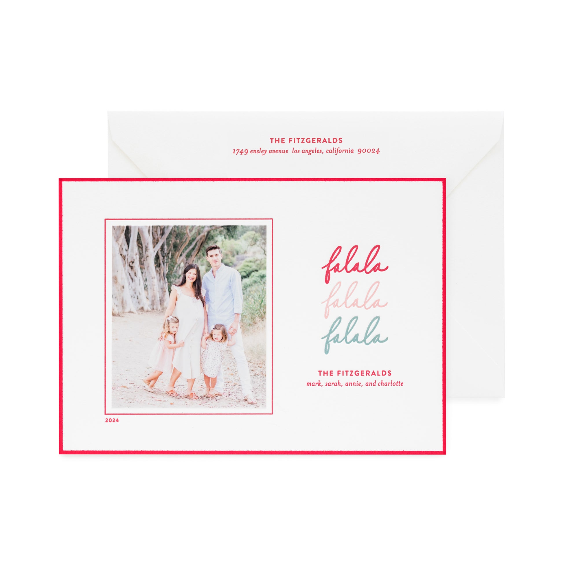 falala custom holiday card with red pink and green text and photo