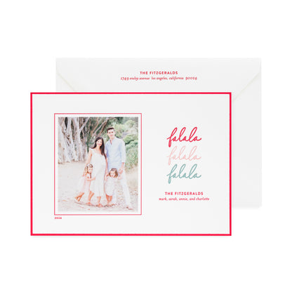 falala custom holiday card with red pink and green text and photo