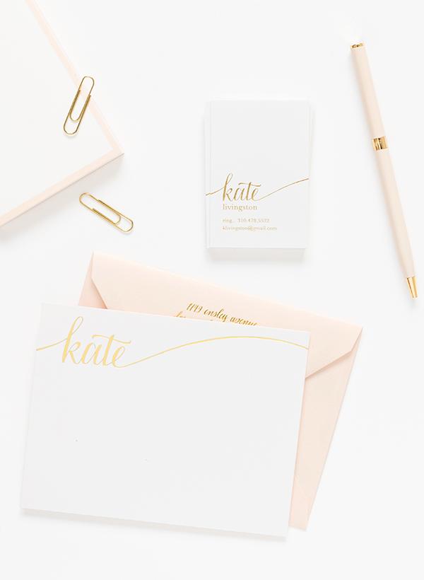 Custom stationery and matching calling card with gold foil printed kate in a large calligraphy style paired with pink envelope