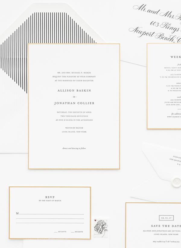 black and white wedding invitation suite with gold hand painted borders and a black stripe envelope liner