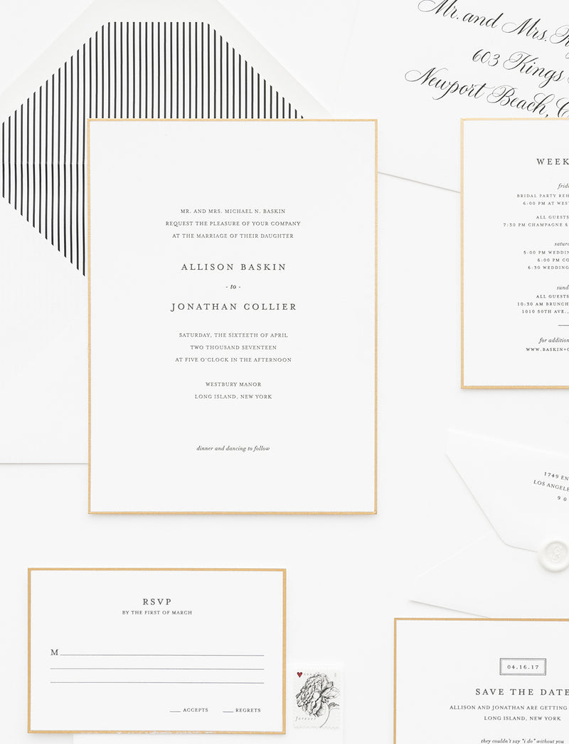 black letterpress printed wedding invitation suite on white thick paper with gold hand painted borders