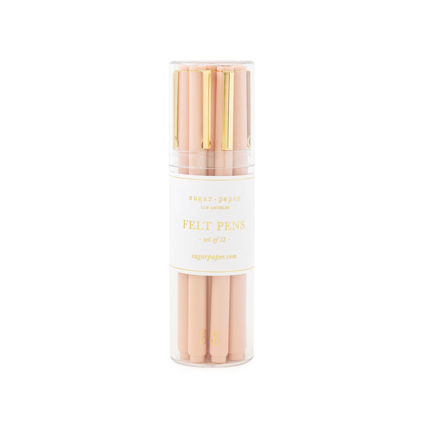 Rose pink plastic pens with gold clip in a clear acrylic holder, set of 12