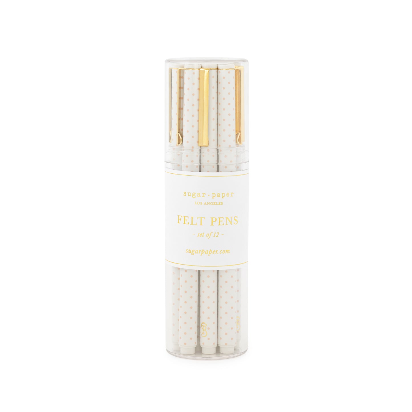 White and rose dot plastic pen with gold clip in a clear acrylic container, set of 12