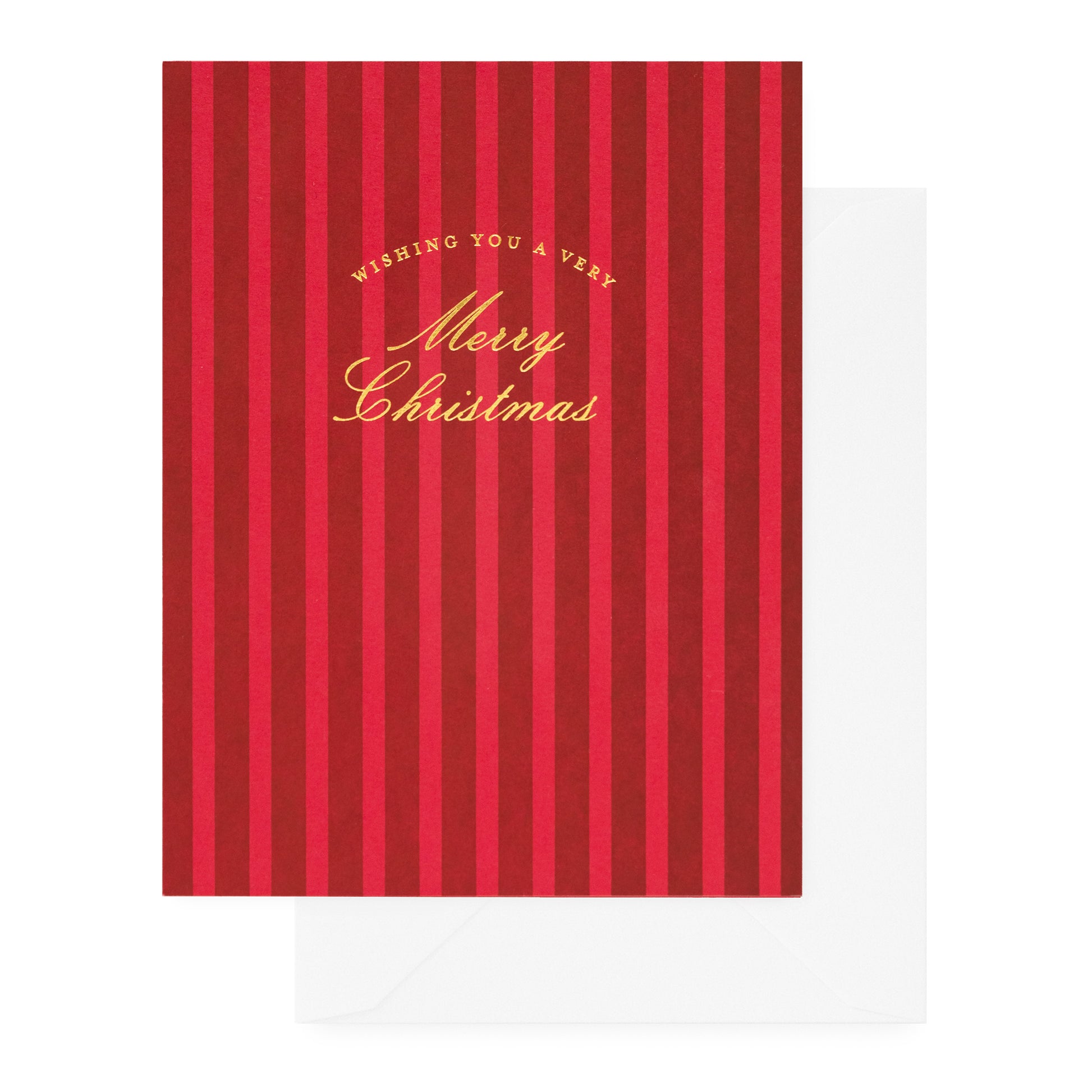 Red striped card with 'Wishing you a very Merry Christmas' paired with a white envelope