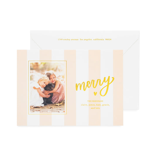 Pink and white cabana stripe custom holiday photo card with gold foil