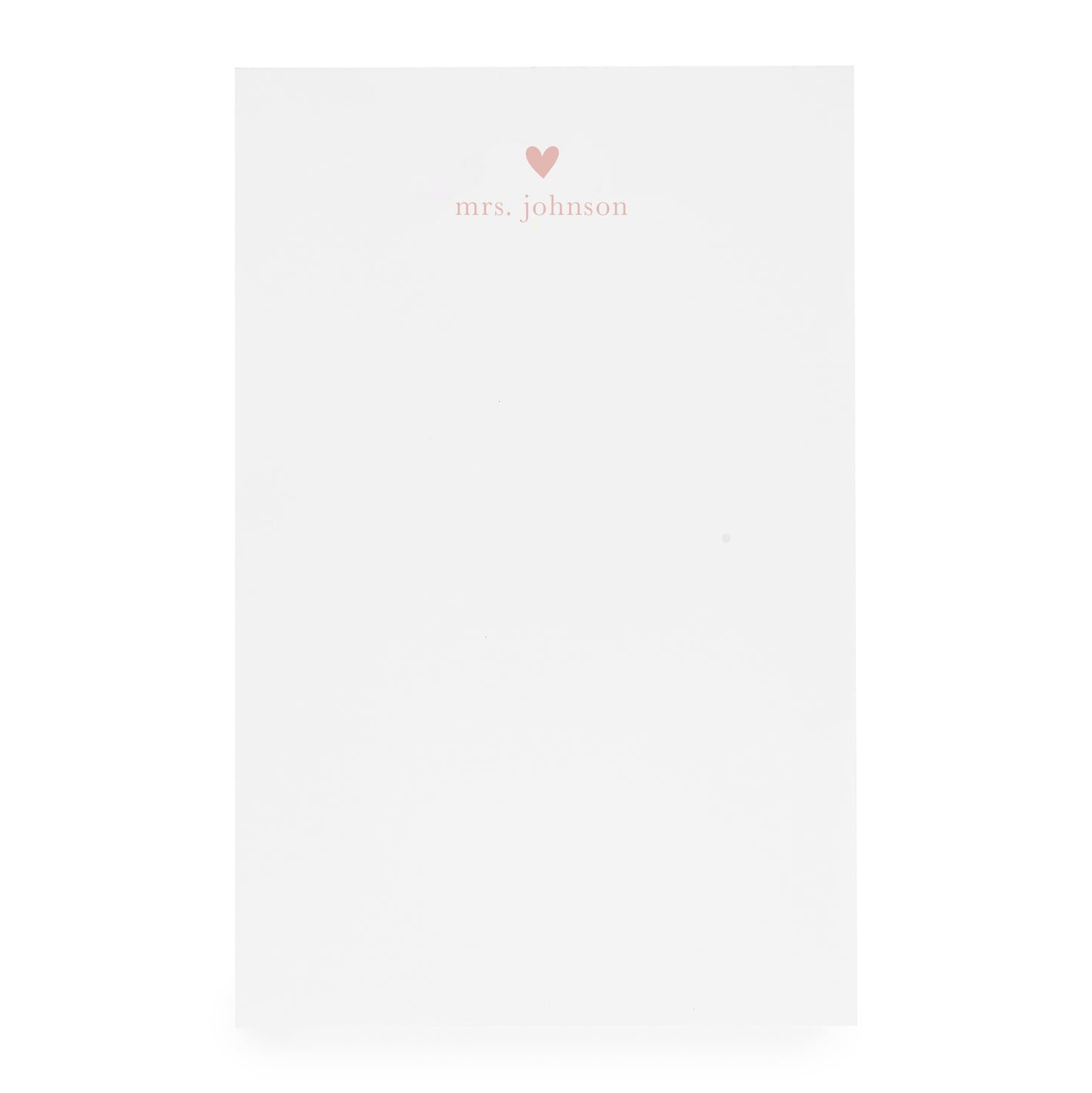 White notepad with heart and "mrs. johnson" printed in pink