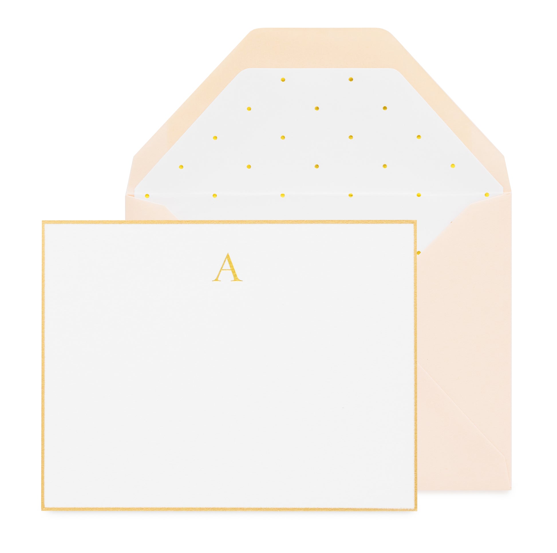 Flat white note card with gold hand painted border with "a" initial with a pink envelope with a white and gold foil dot envelope liner