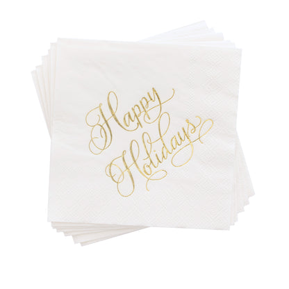 White cocktail napkins with gold foil happy holidays