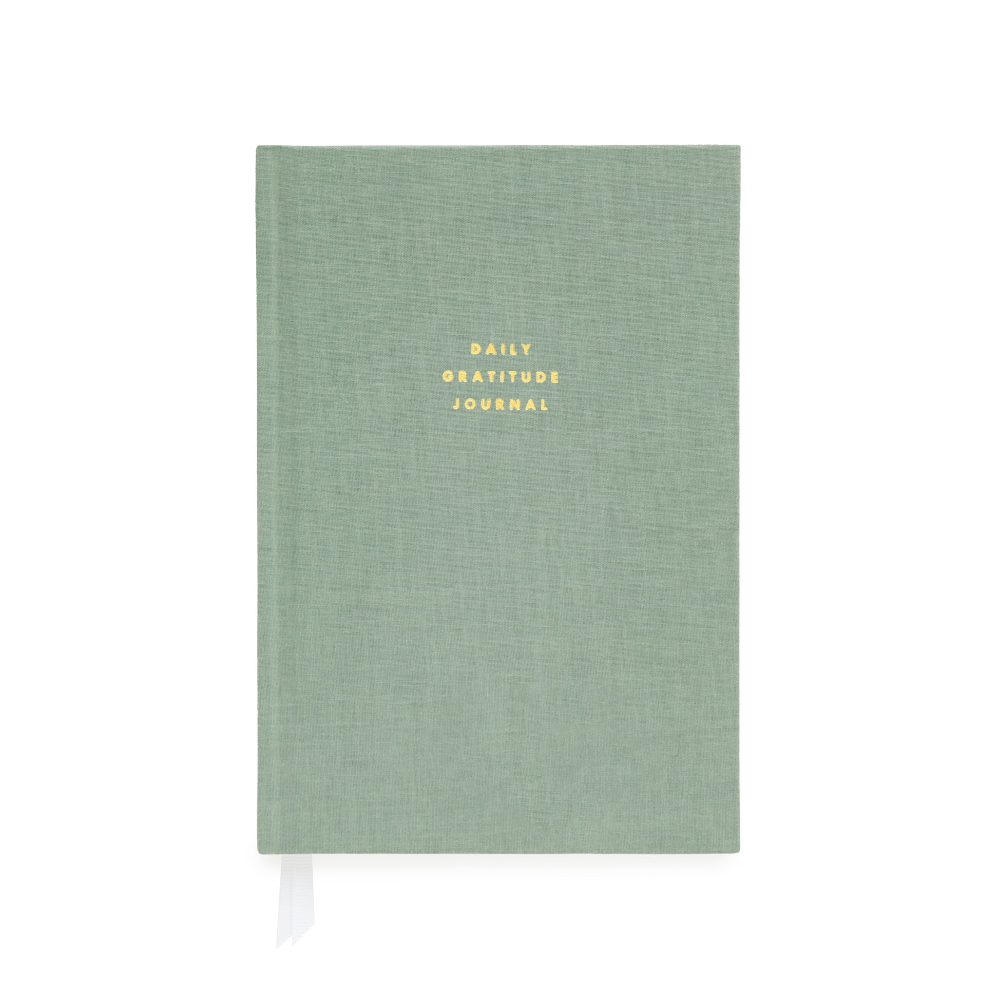 Sage green journal foil stamped in gold with daily gratitude journal