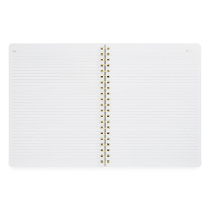 interior of large spiral notebook with ruled lines and space for date on each page