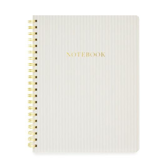 Grey stripe spiral notebook with gold spiral and gold foil notebook printed on cover