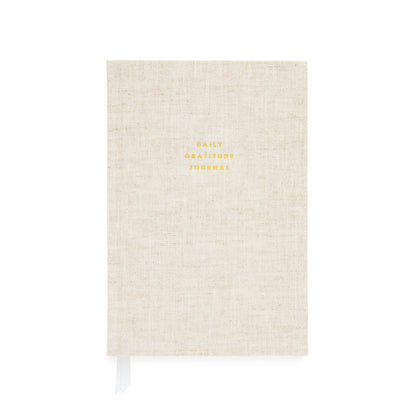 Flax gratitude journal printed with daily gratitude journal in gold foil