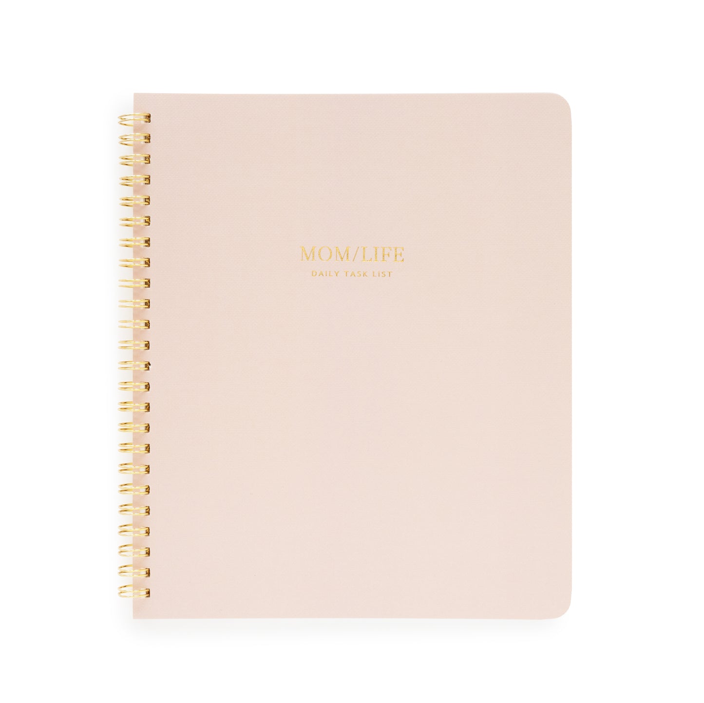 Blush spiral notebook with mom/life daily task list printed on cover in gold foil