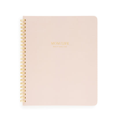 Blush spiral notebook with mom/life daily task list printed on cover in gold foil