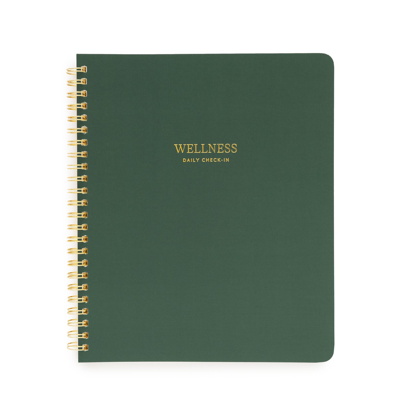 Forest Green spiral notebook with wellness daily check-in in gold foil on cover