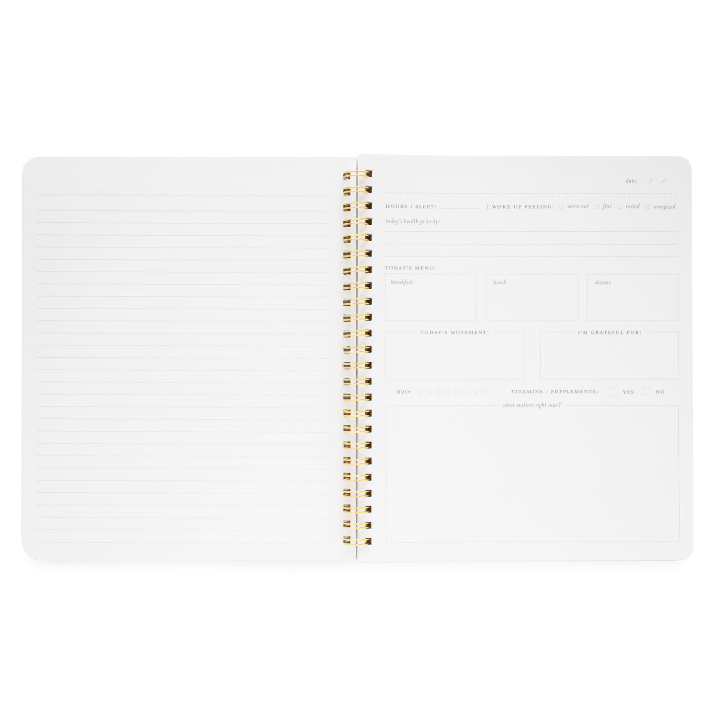 Interior of wellness notebook with daily prompts, menu, water tracker, supplements, today's movement, and grateful for