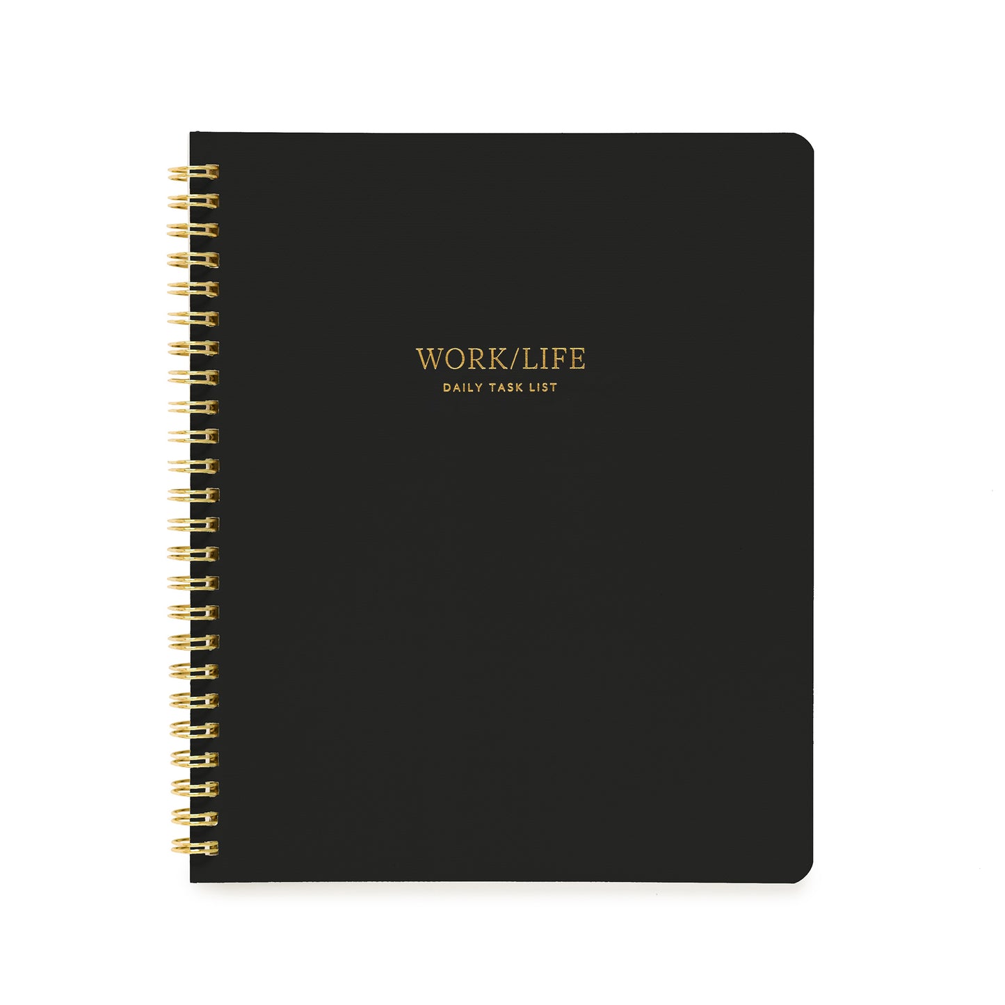 Black notebook with 'Work/Life Daily Task List' in gold foil