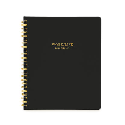 Black notebook with 'Work/Life Daily Task List' in gold foil