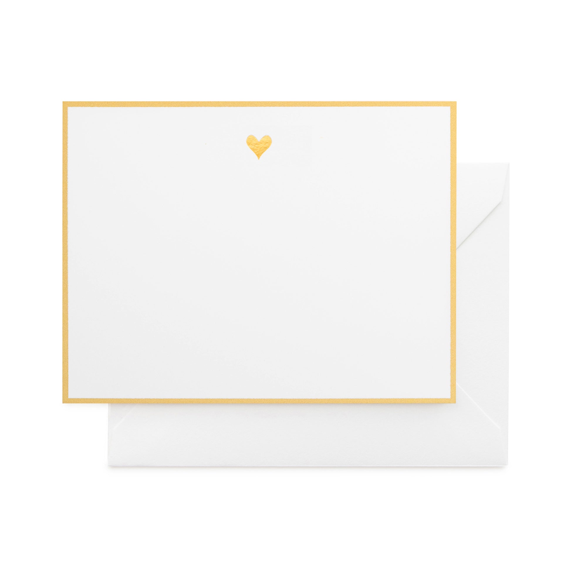 white card with gold heart and gold border, white envelope