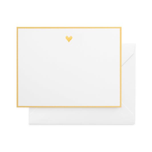 white card with gold heart and gold border, white envelope