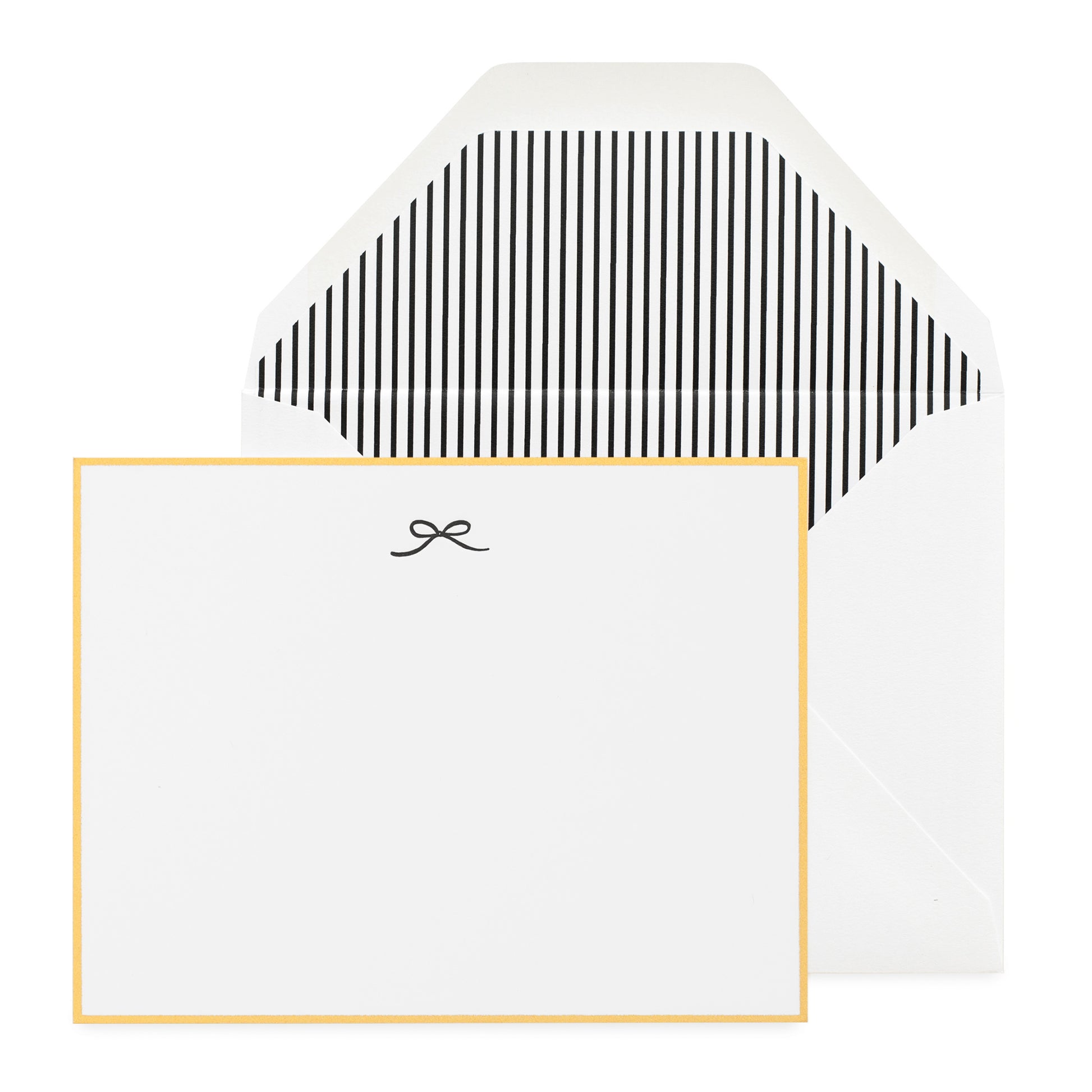 white card with black bow icon and gold border, white envelope with black pinstripe liner
