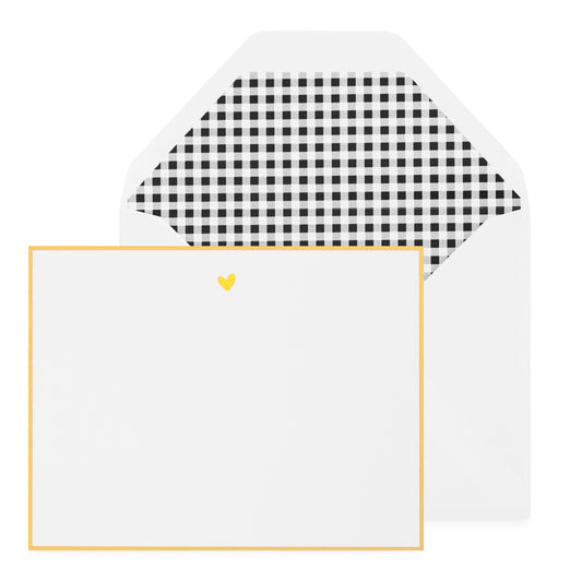 white card with gold foil heart and gold border, white envelope with black gingham liner