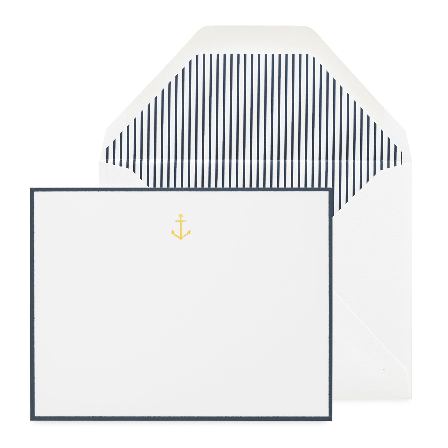 white card with gold foil anchor and navy border, white envelope with navy pinstripe liner