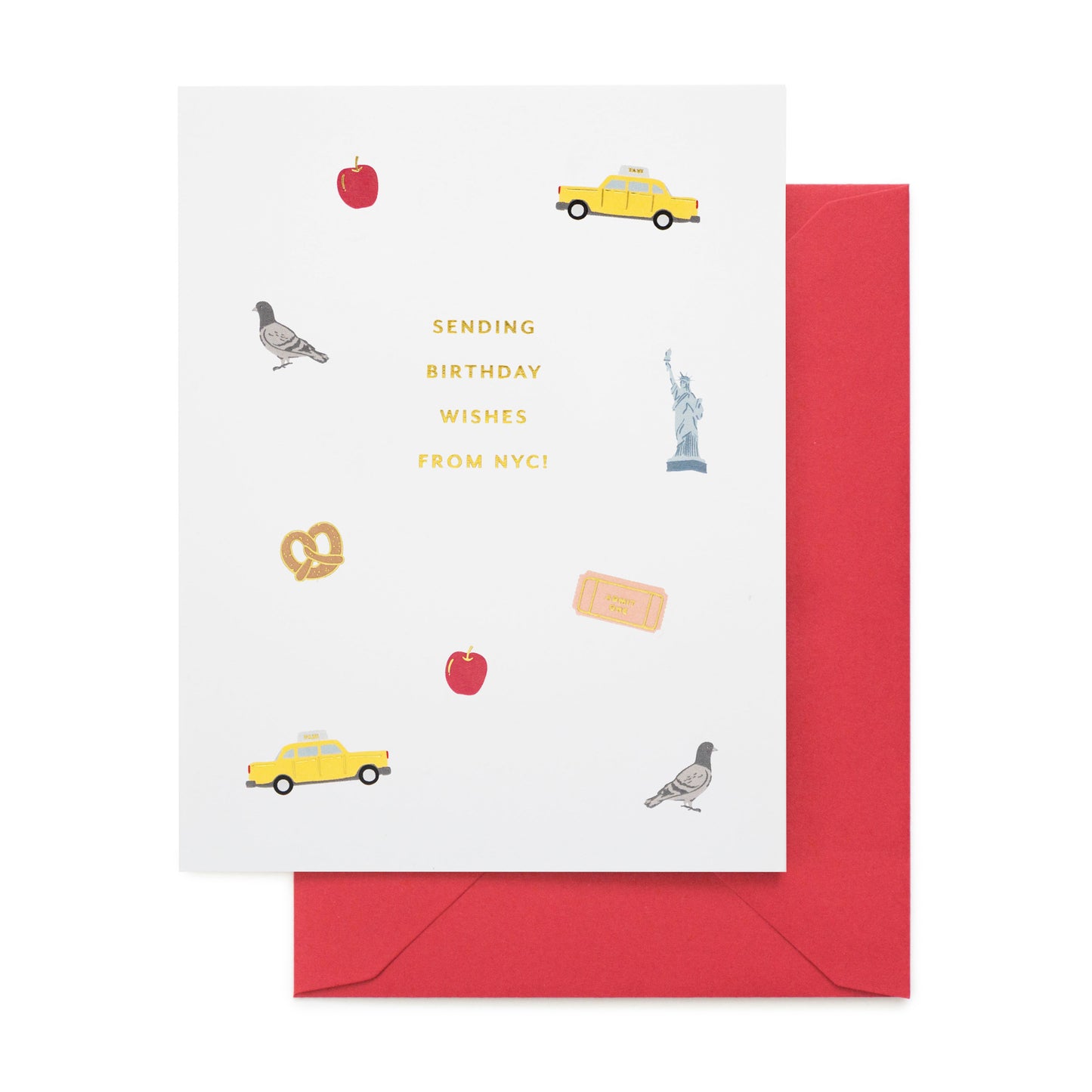 Greeting card with New York City-themed illustrations and a red envelope printed with 'sending birthday wishes from nyc!'