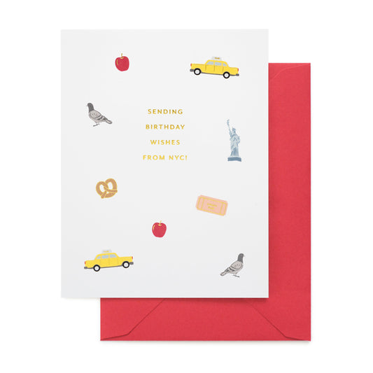 Greeting card with New York City-themed illustrations and a red envelope printed with 'sending birthday wishes from nyc!'