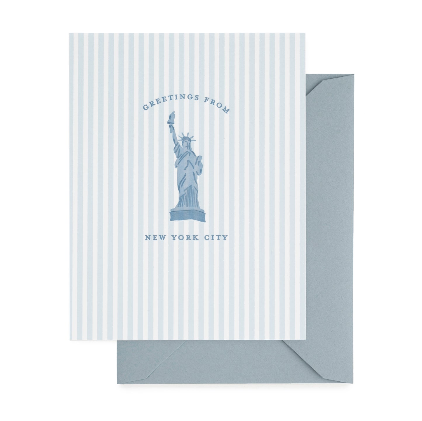 Greeting card with Statue of Liberty design and striped pattern printed with 'greetings from new york city' with a blue envelope