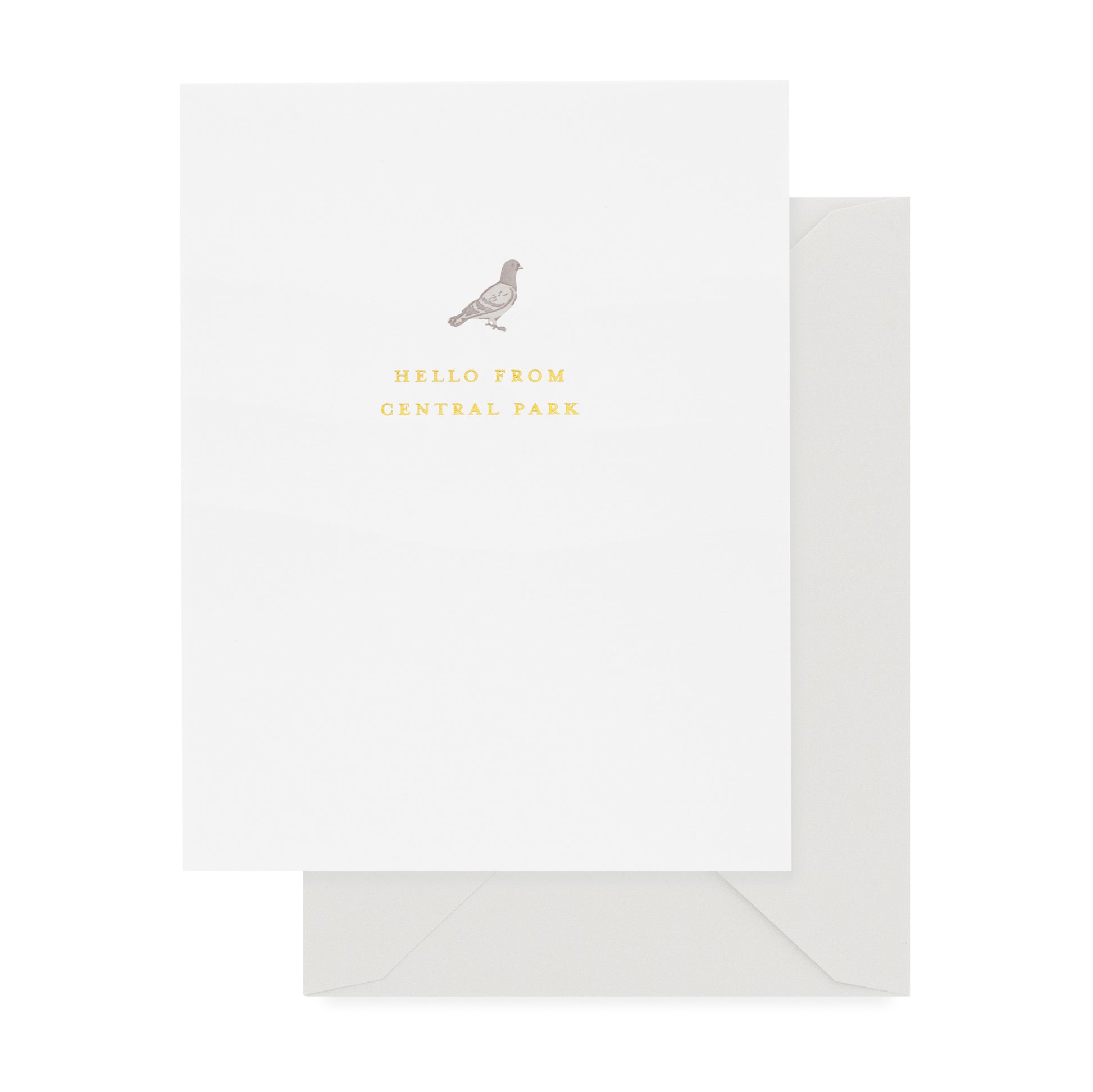 White greeting card with grey bird and printed with 'hello from central park' in gold foil paired with a gray envelope