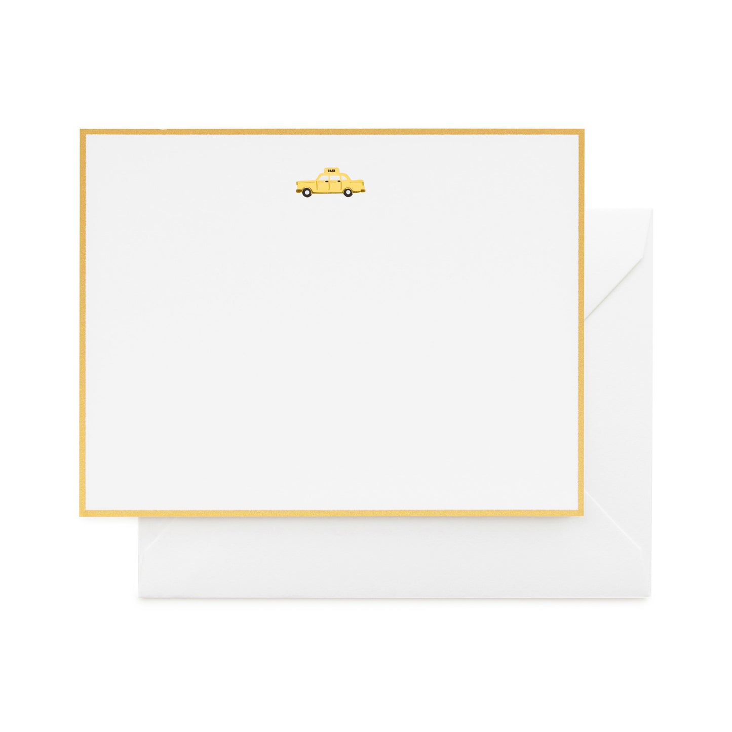 set of white cards with gold hand painted border with a yellow and black printed new york tax with white envelopes